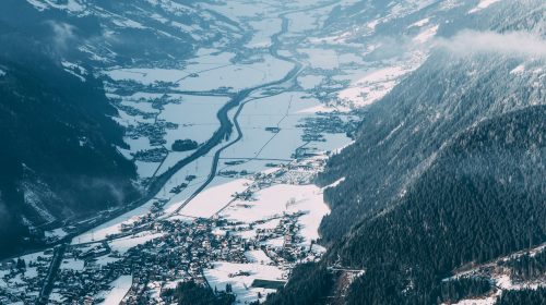 aerial view of mountain village in mayrhofen ski area, austria