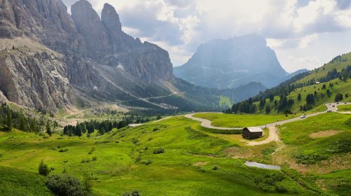 View of mountains and valley from Gardena pass, Dolomites Alps , Italy, Europe